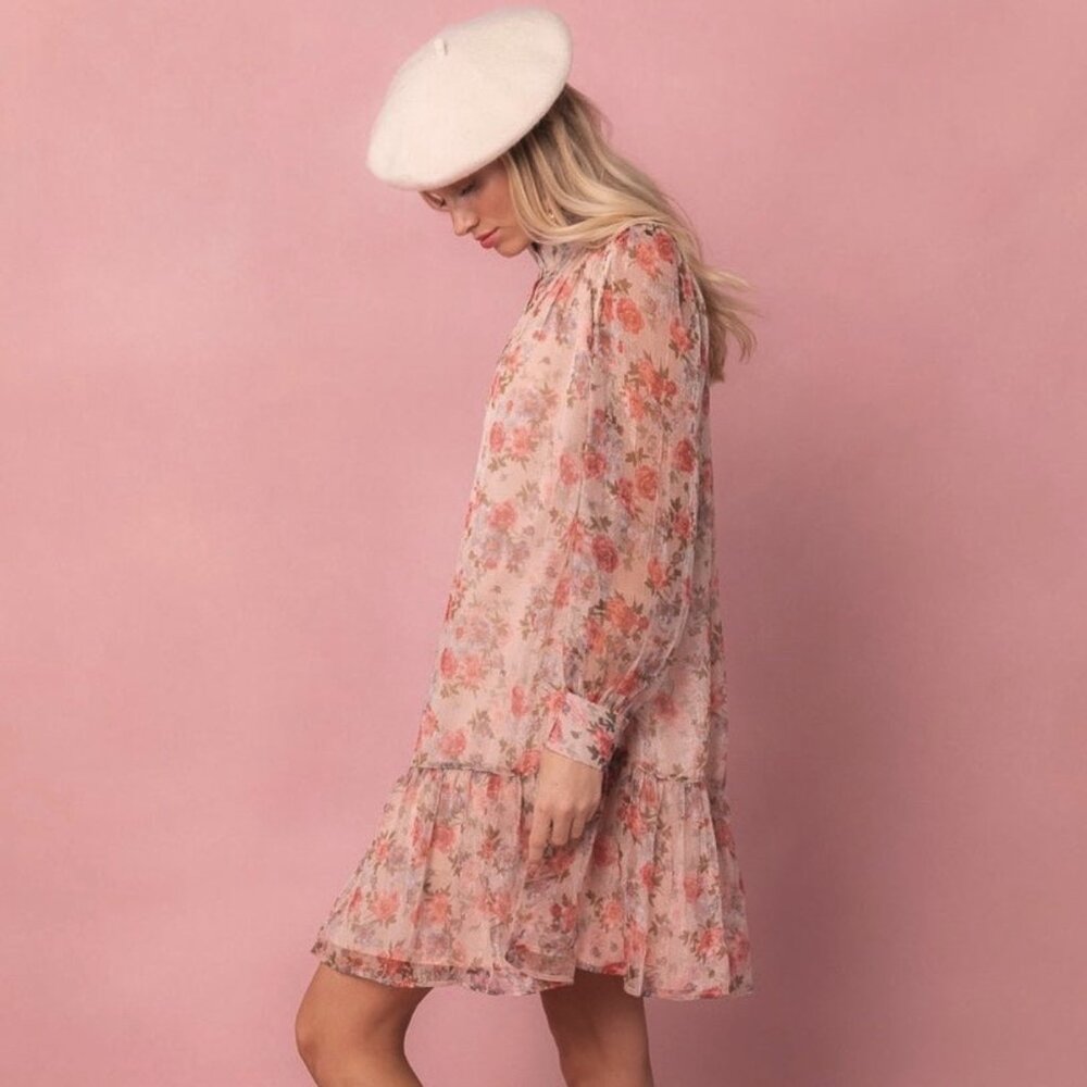 Ivy City Co. Eleanor Pink Sheer Floral Ruffle Knee Length Mini Dress Women's M - Picture 2 of 7